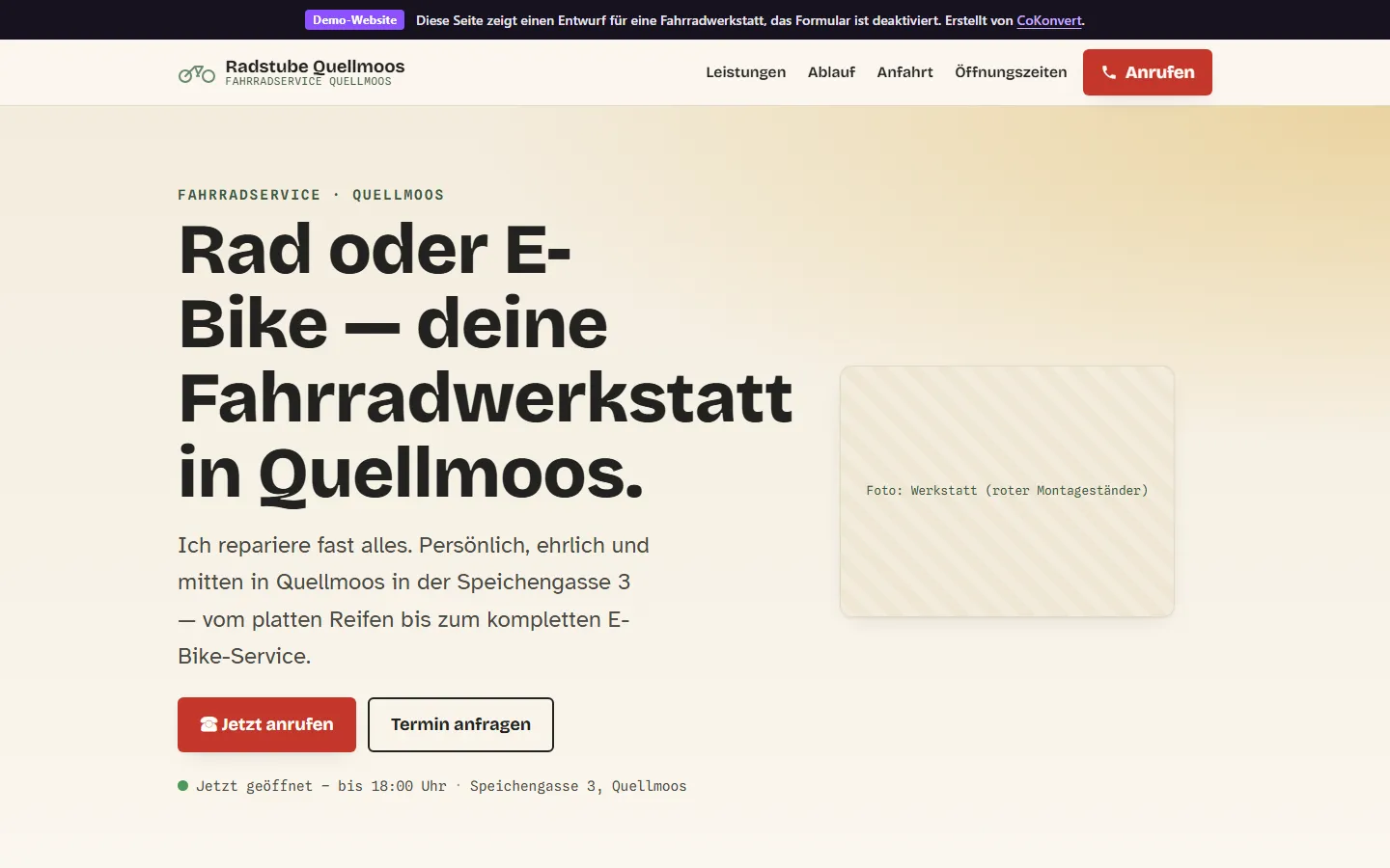 Startseite der Demo-Website Radstube Quellmoos, einer fiktiven Fahrradwerkstatt